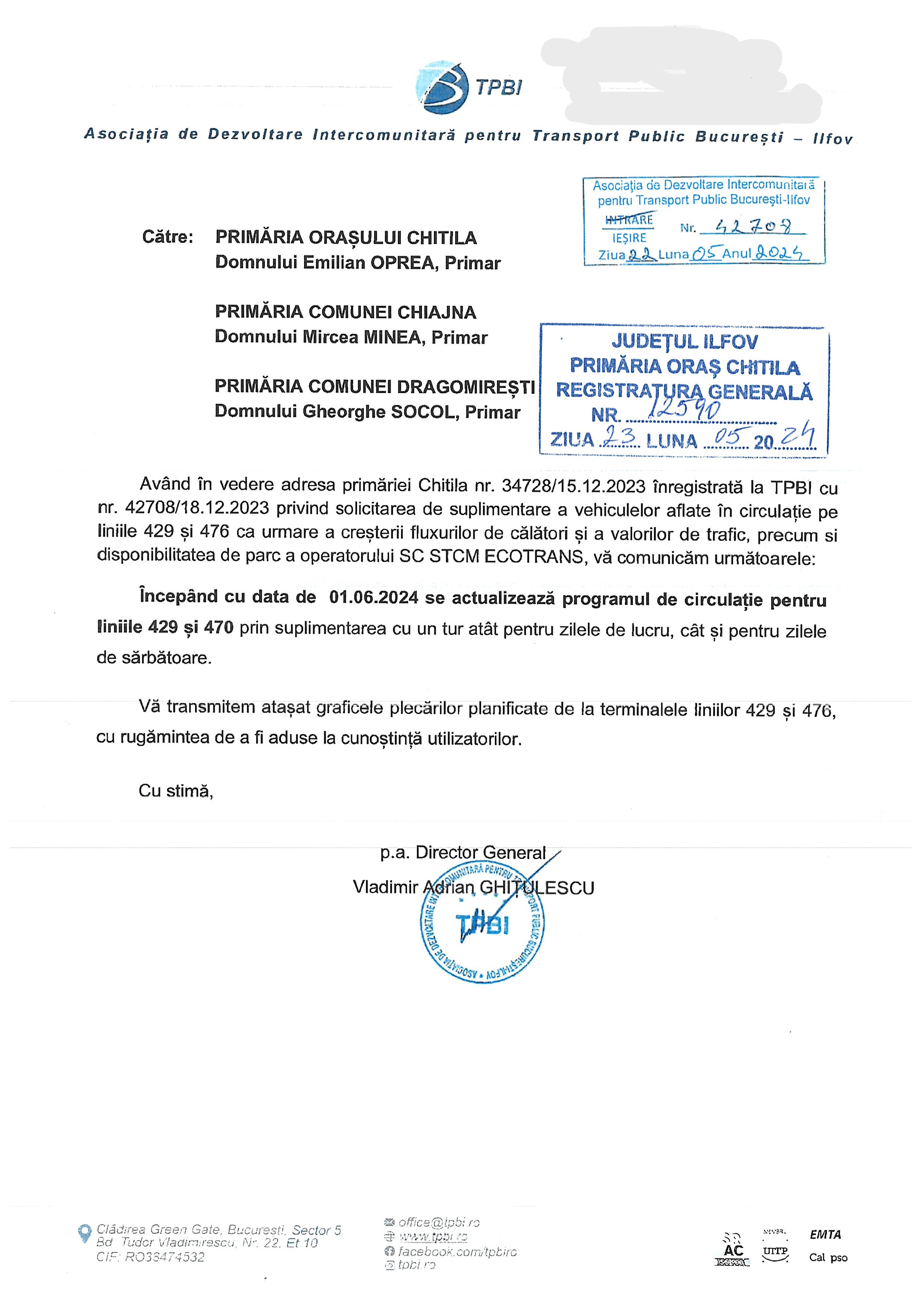 Îmcepând cu data de 01.06.2024 se actualizează programul de circulație pentru șiniile 429 și 470